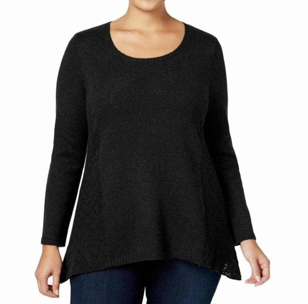 New Style & Co. Womens Plus Pointelle Long Sleeves Tunic Sweater Black Sz 0x